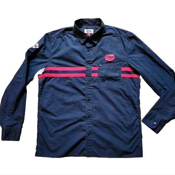 Tommy Hilfiger Denim Retro Button-Down Shirt Navy Red Stripes Logo Patches Med - Picture 2 of 10